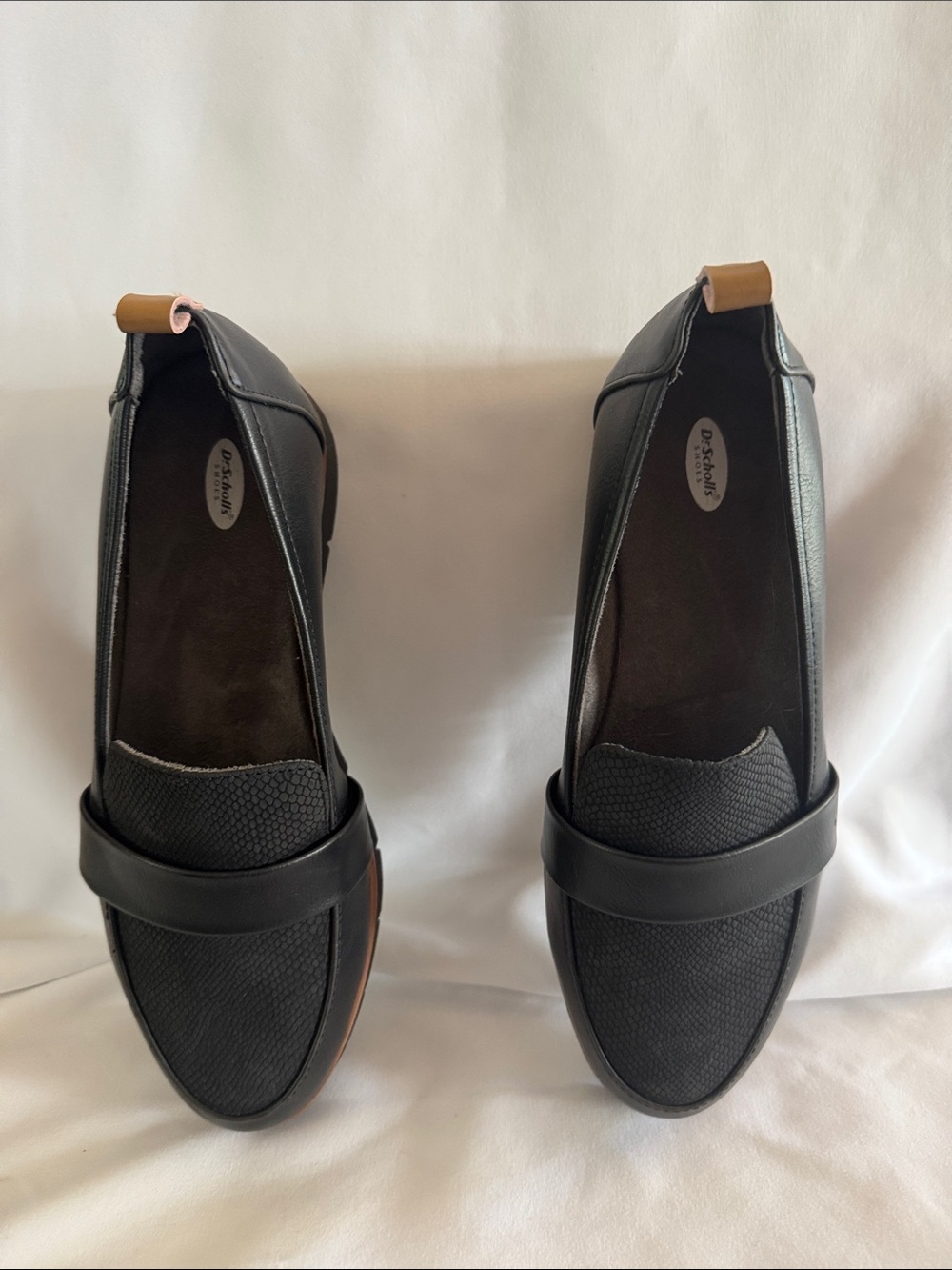Dr. Scholl's Black Loafers with Tan Pull Tabs